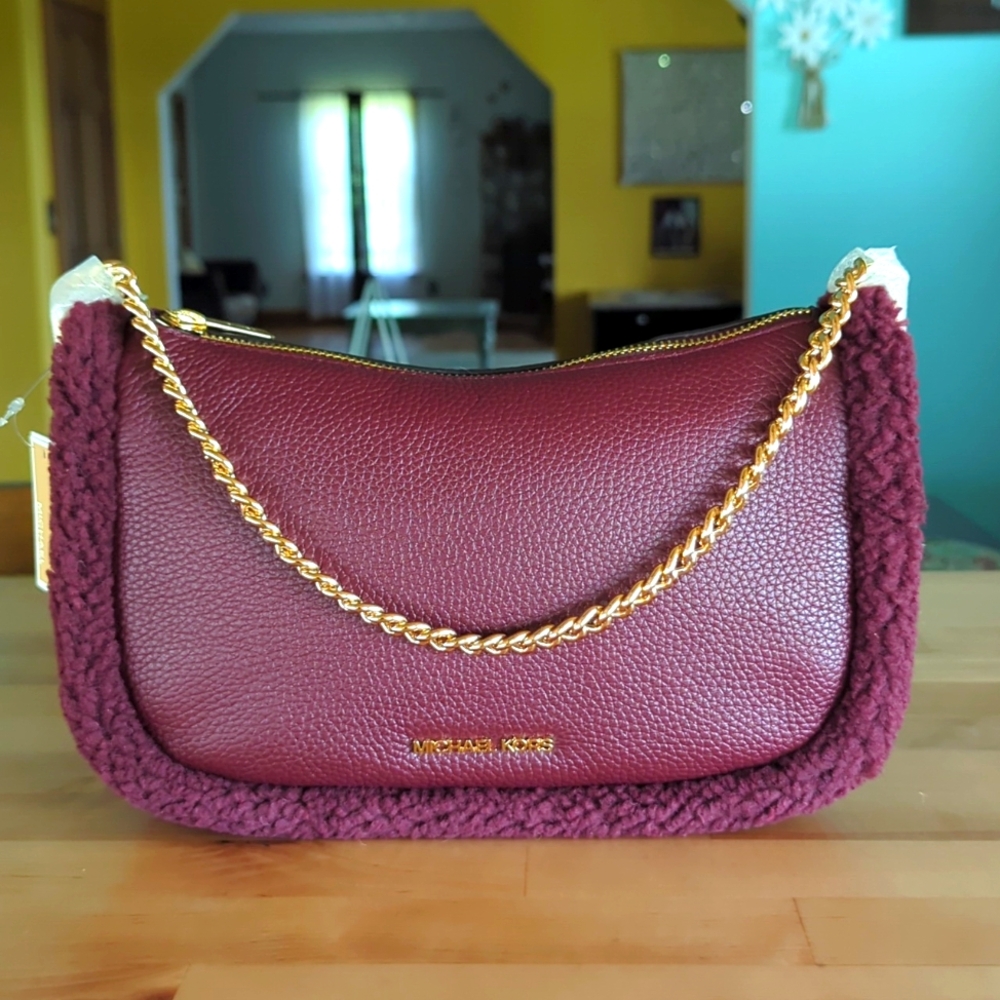 New MICHAEL KORS CARMELA LEATHER CHAIN CROSSBODY Bag Red Purse Wine